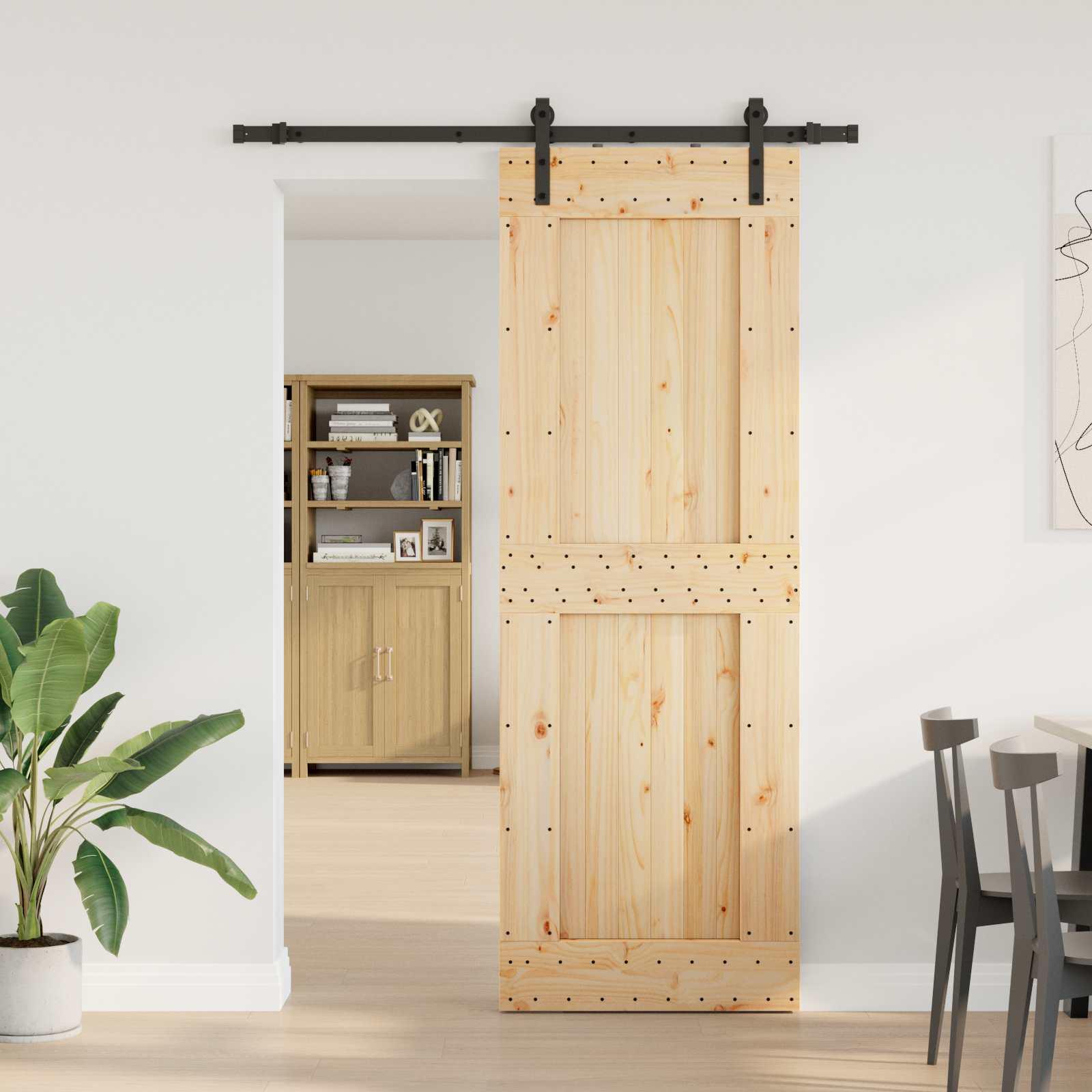 Skydedør NARVIK i fyrretræ - natur/sort 80 × 210 cm (skinnekits 152,5 cm) billede