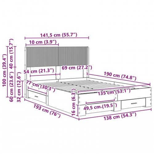 Sengestel med opbevaring og hovedgærde - sort 135 x 190 cm