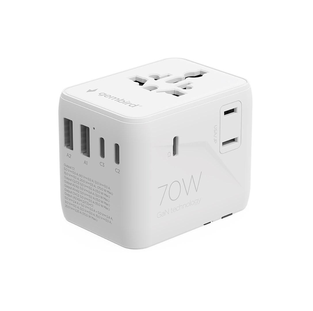 Gembird TPA-2A3C70-01-W universal rejseadapter 70 W - hvid billede