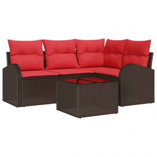 Havesofa Sæt med pude 5 stk Brun og Rød polyrattan