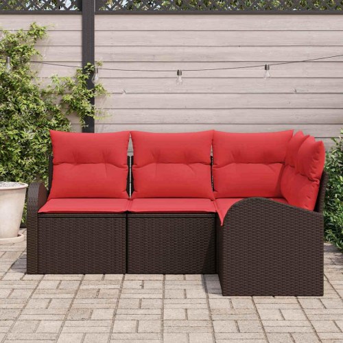 Havesofa Sæt med pude 4 stk Brun og Rød polyrattan