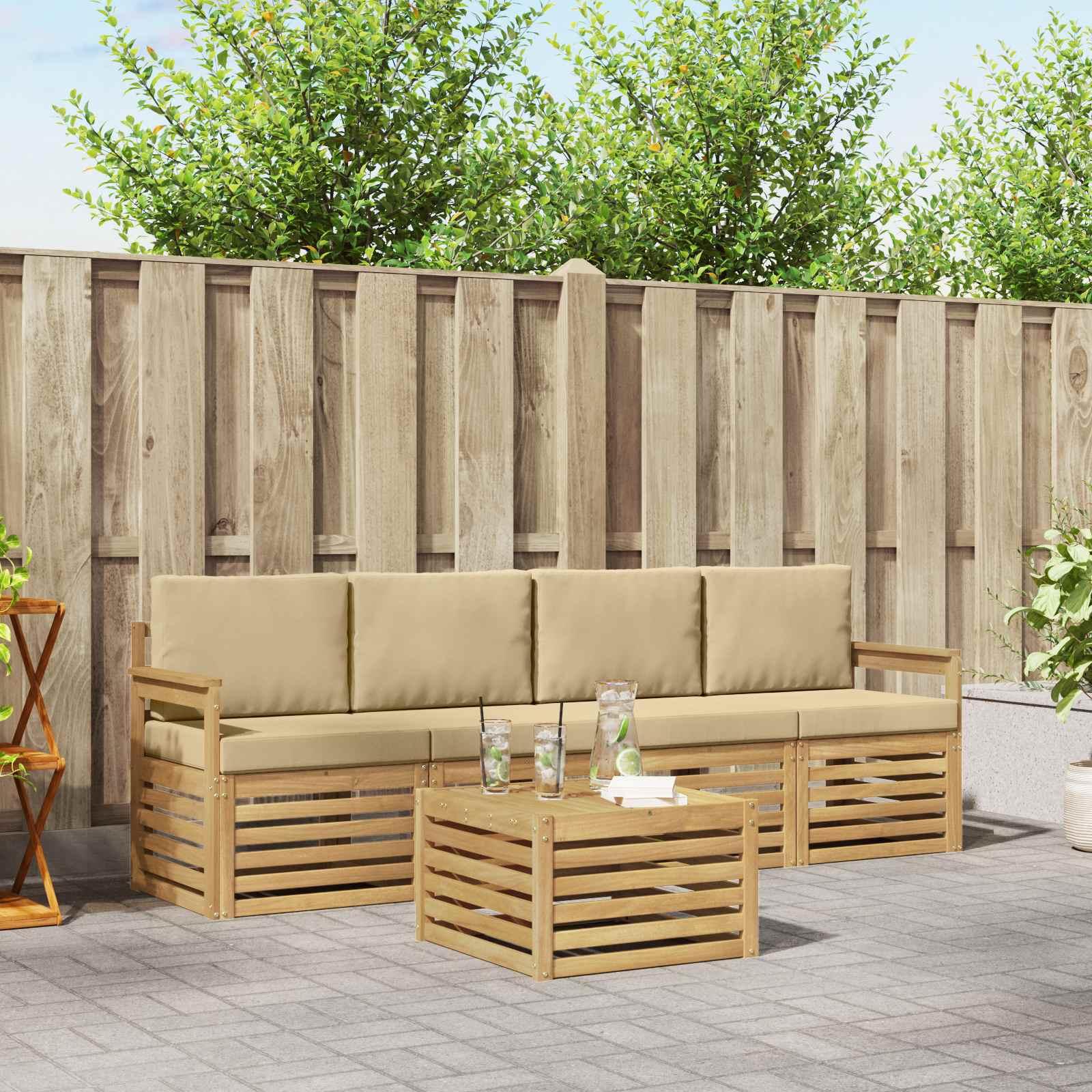 Udendørs sofagruppe med pude 5 stk Hvid og Beige Polyester