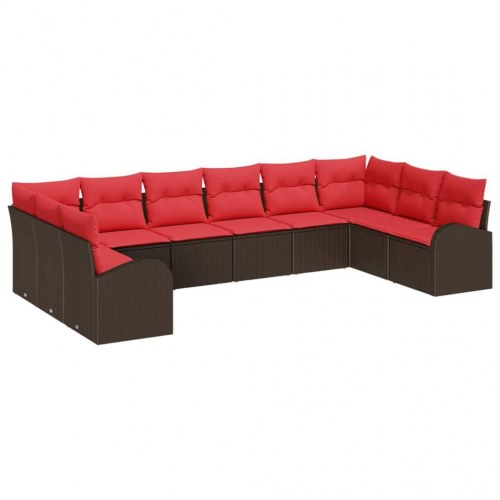 Havesofa Sæt med pude 10 stk Brun og Rød polyrattan