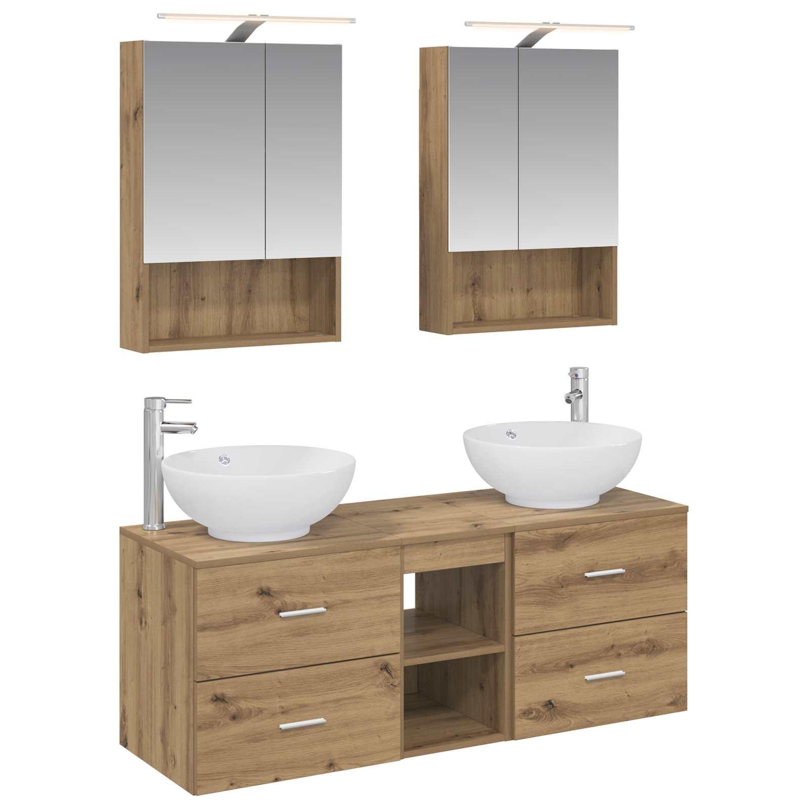 Badeværelsesmøbelsæt med LED-spejl - 5 dele, Artisan-eg, konstrueret træ og glas billede