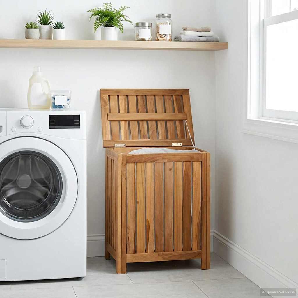 Vaskekurv Naturfarvet 50 x 35 x 60 cm Massiv Teaktræ billede