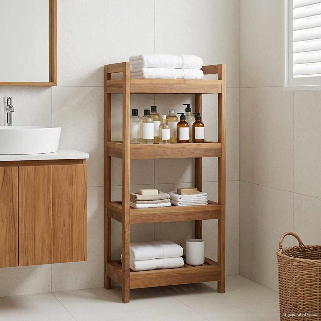 Badeværelseshylde Naturfarvet 45 x 30 x 97 cm Massiv Teaktræ billede