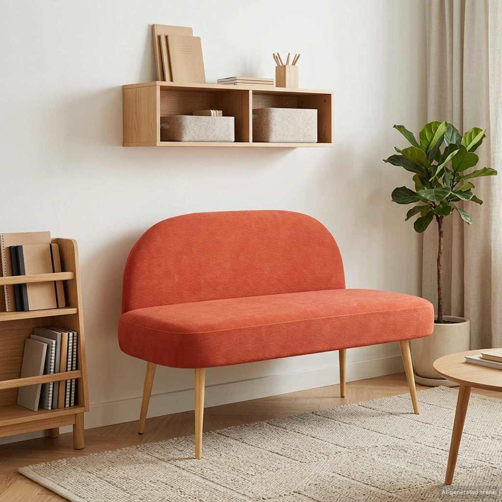 Polstret bænk med ryg i velour - rødorange, 110 × 60 × 76 cm billede