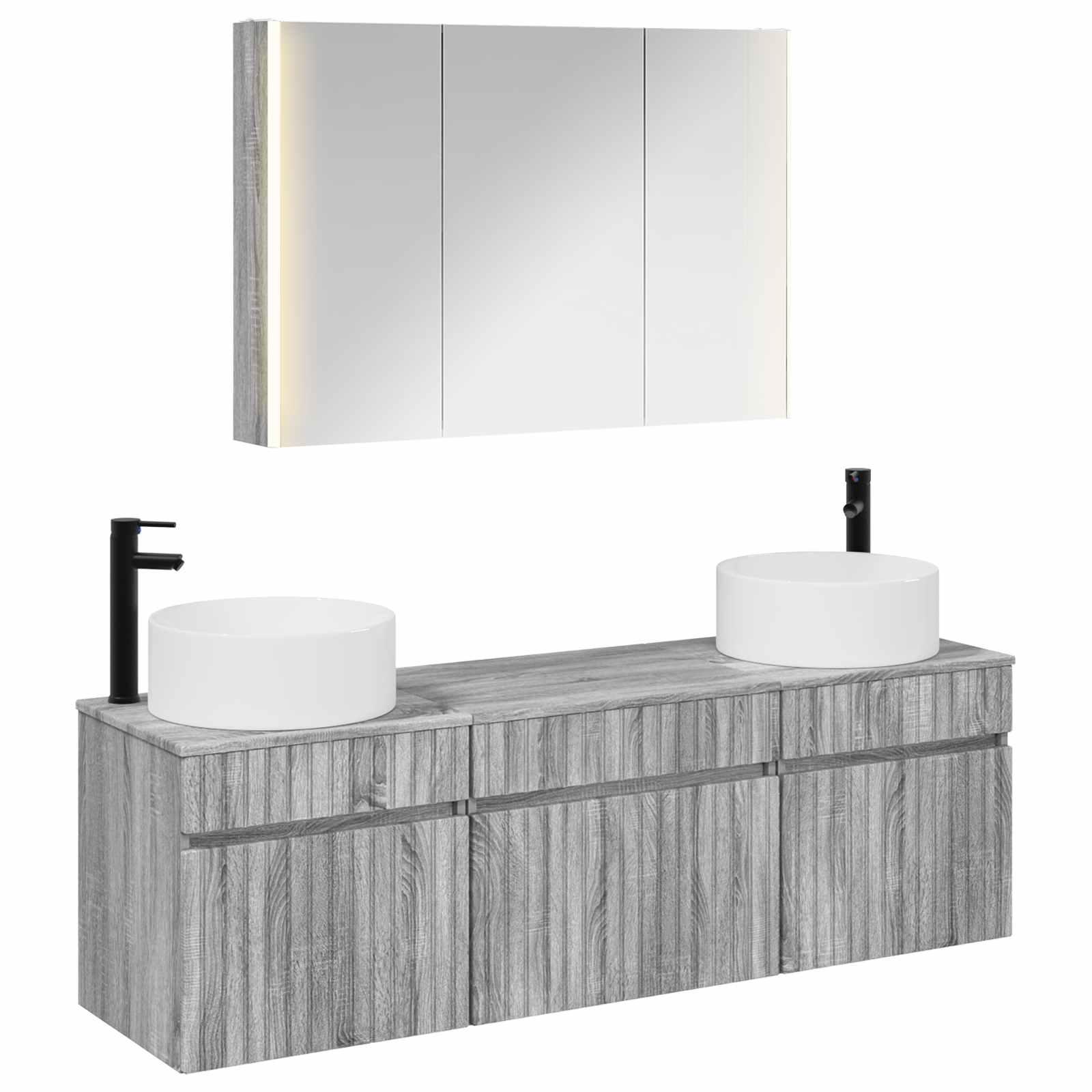 Badeværelsesskabsæt med LED-spejl - 4 dele, Grå Sonoma, 103,5 × 15,5 × 70 cm billede