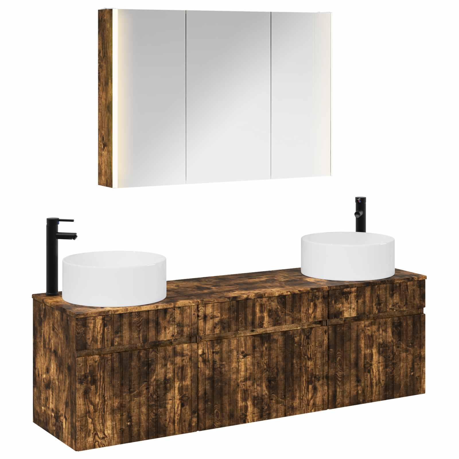 Badeværelsesskabsæt i røget eg med LED-spejl - 4 dele, 103,5 x 15,5 x 70 cm billede
