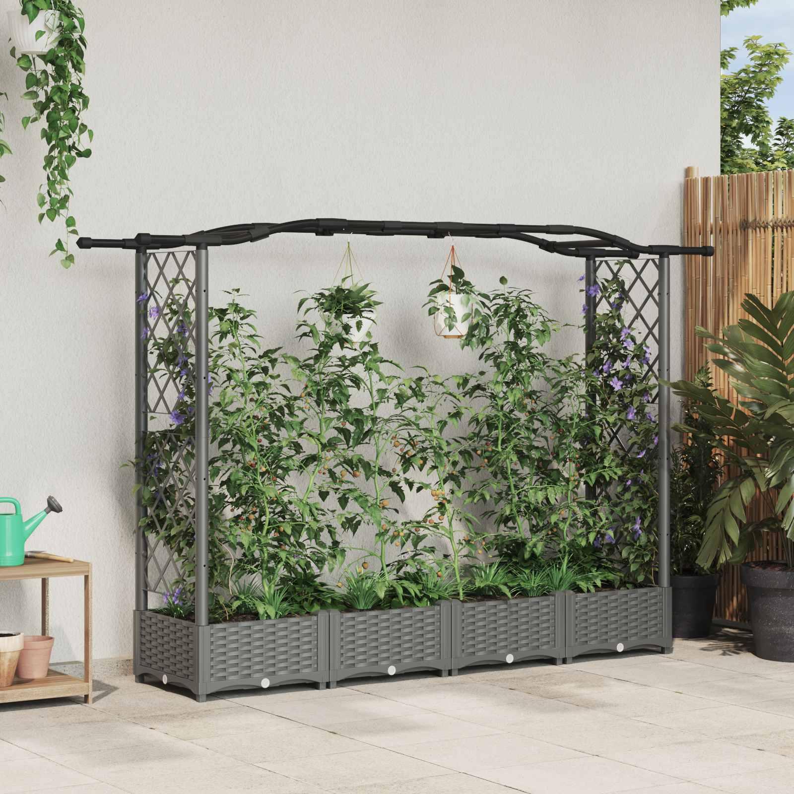 Hævet bed med trellis og tag - lysegrå PP 207 × 40 × 123 cm billede