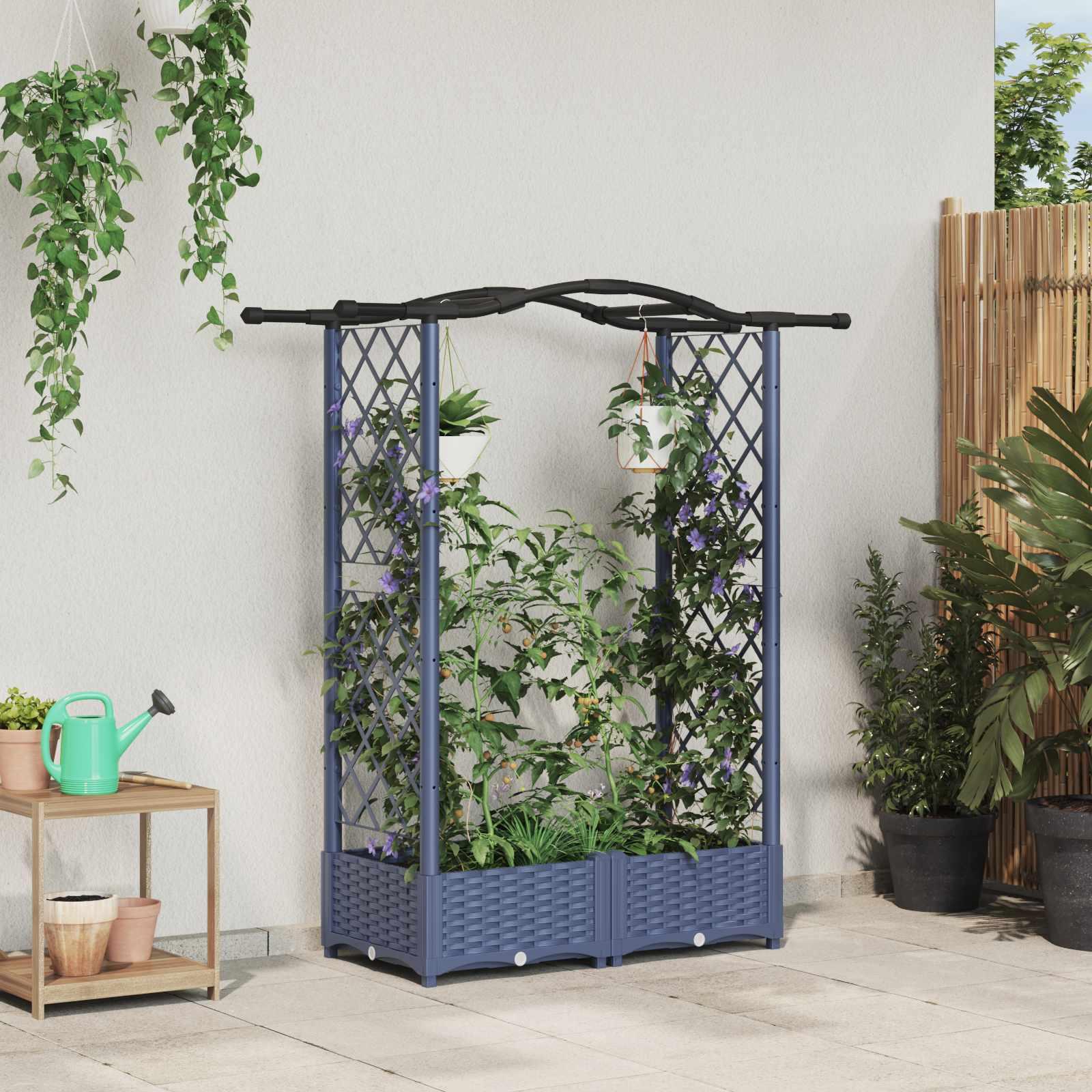 Hævet Bed med Trellis og Tag Grå 124 x 40 x 125 cm PP billede