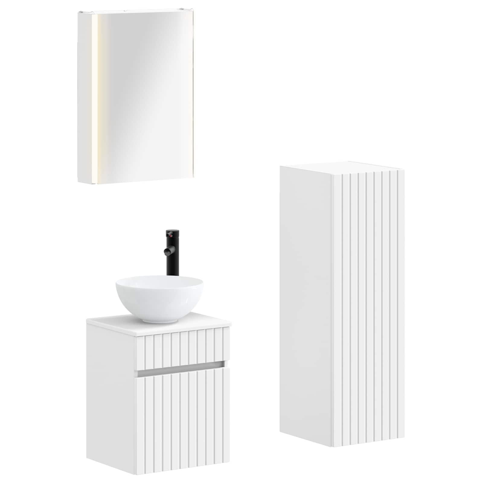 Badeværelsesmøbelsæt med LED spejl - 4 dele, hvid, konstrueret træ og glas billede