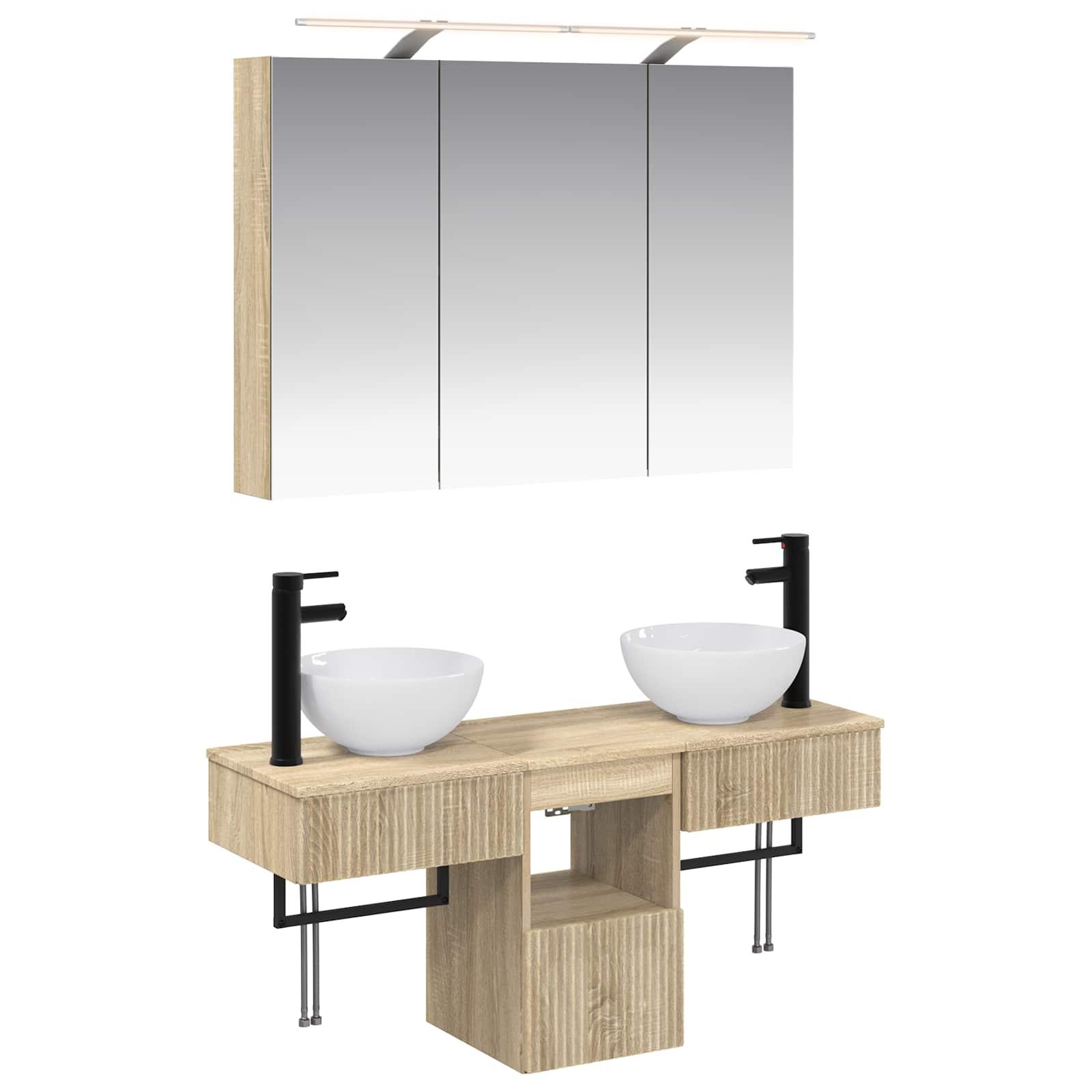 Badeværelsesskabsæt 4 stk i sonoma-eg - vægmonteret med spejlskab og LED, 100 × 14,5 × 70 cm billede