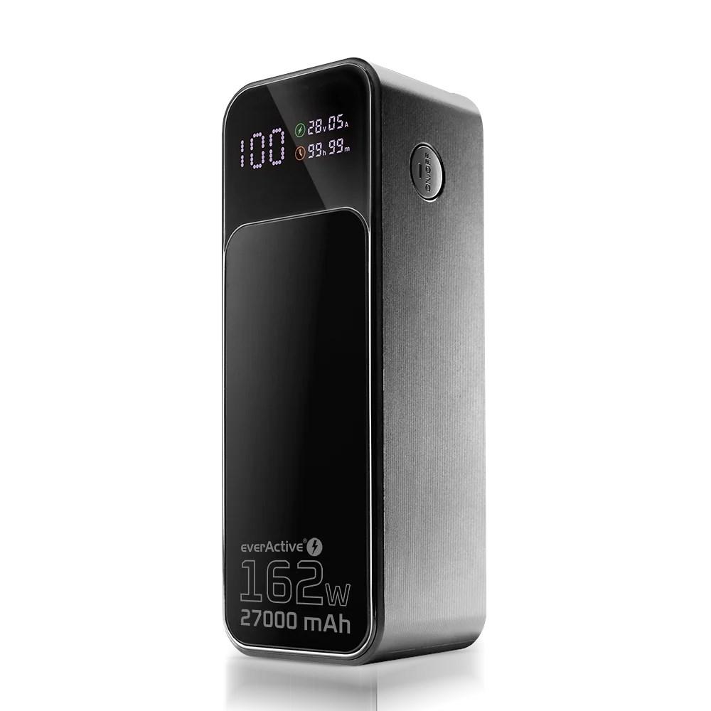 everActive EB-27Q powerbank 27.000 mAh - 1x USB, 2x USB‑C, 162,5 W, lommelygte, LCD, sort billede