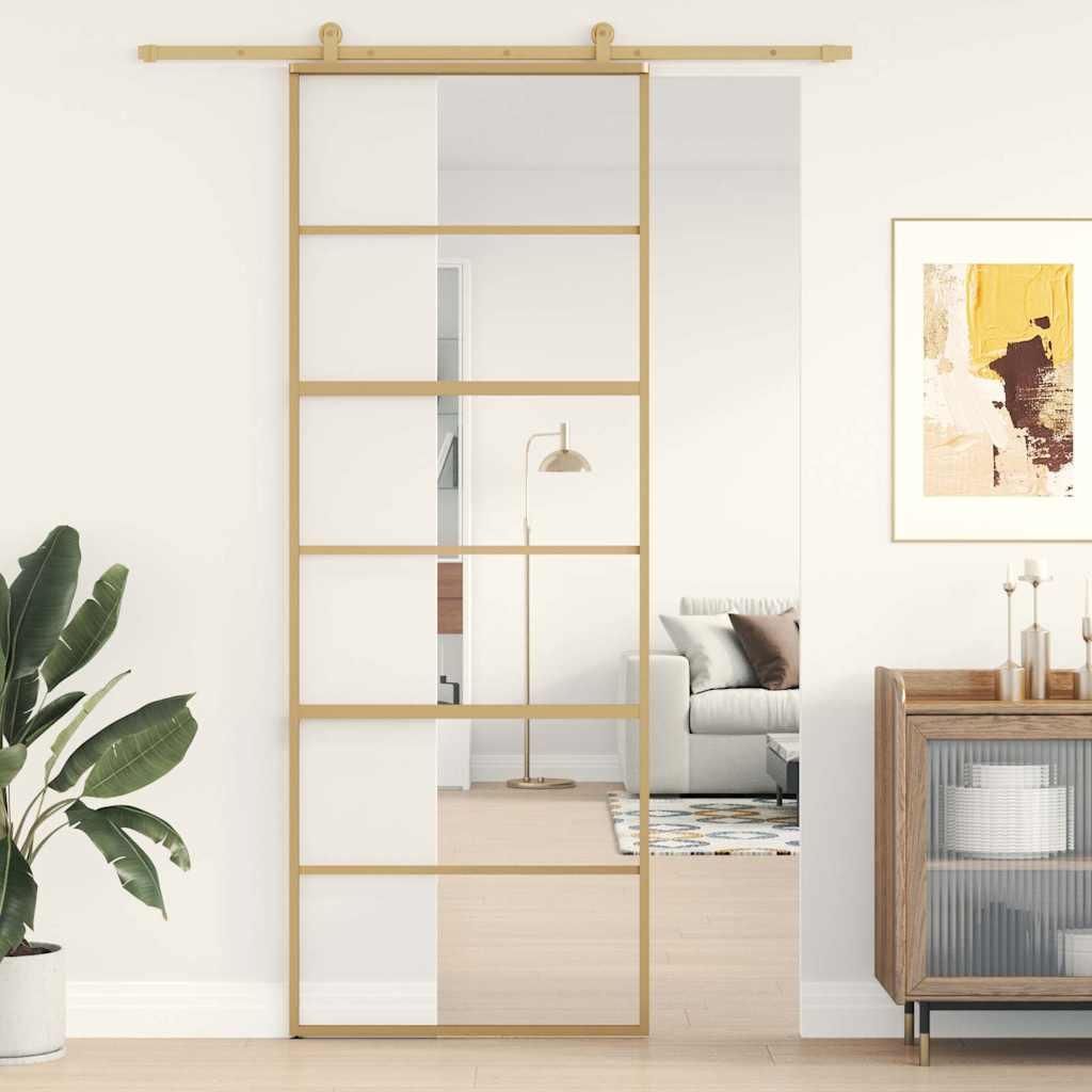 Skydedør 76x205 cm klart sikkerhedsglas og aluminium guldfarvet