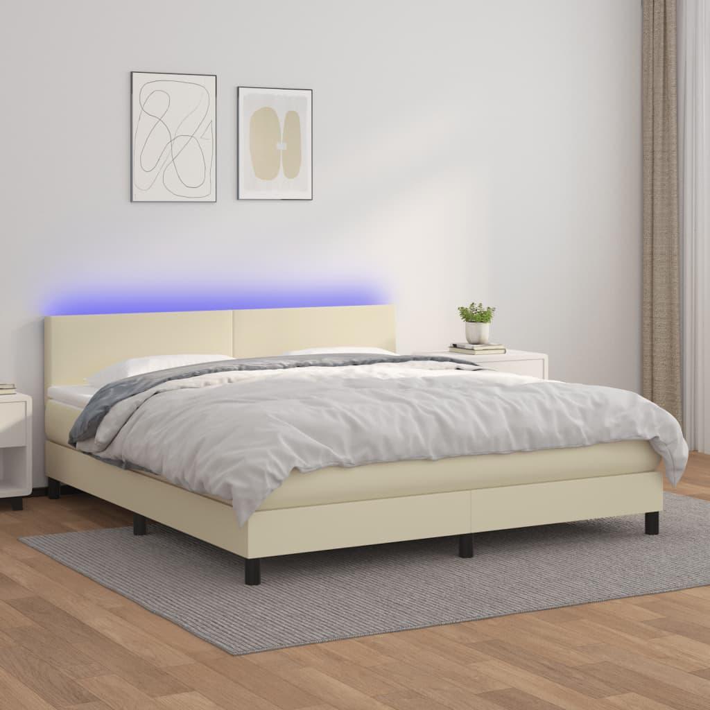 Kontinentalseng med LED-lys 160x200 cm kunstlæder cremefarvet