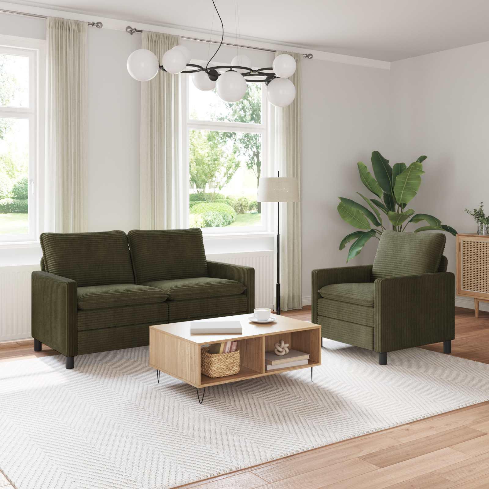 Sofasæt i grøn polyester - 2-pers. sofa + lænestol, moderne design billede