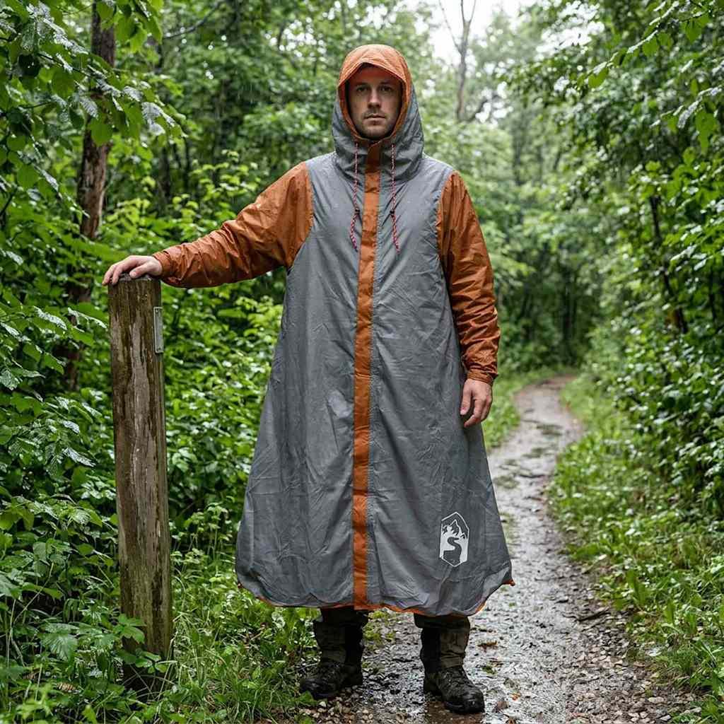 2-i-1 regnponcho med hætte - grå/orange, kan bruges som læ - 262 × 126 × 130 cm billede