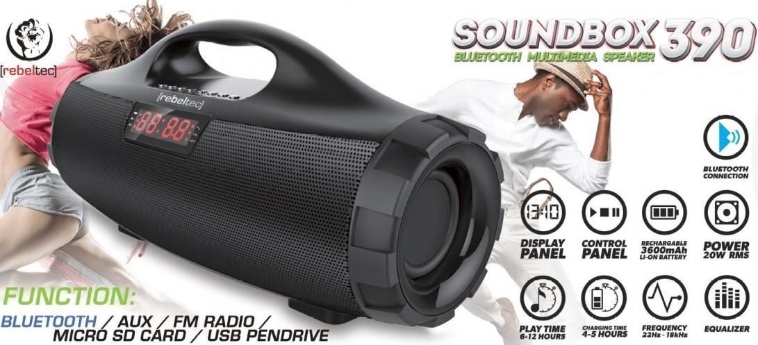 Rebeltec SoundBox 390 bærbar Bluetooth-højttaler - sort, 20 W RMS