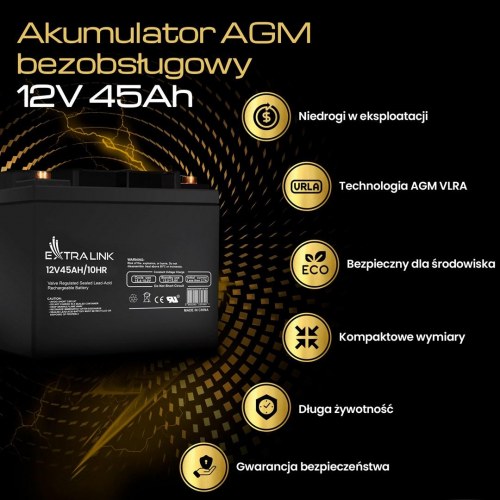 Extralink AGM blyakku 12 V 45 Ah - vedligeholdelsesfri