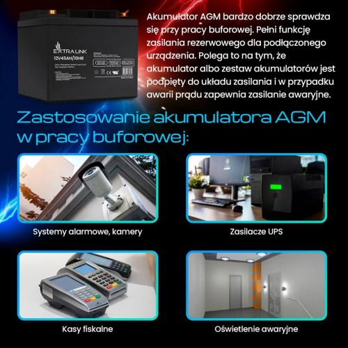 Extralink AGM blyakku 12 V 45 Ah - vedligeholdelsesfri