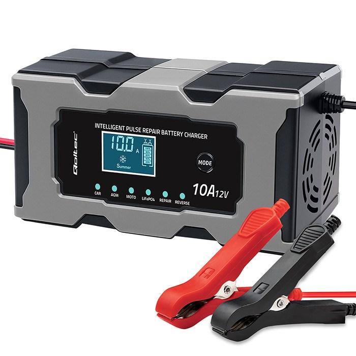 Qoltec 52493 intelligent 12V 10A batterioplader med reparation og LCD til AGM, GEL og LiFePO4 billede