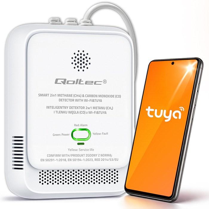 Qoltec 52654 smart 2‑i‑1 gas- og kuliltealarm - CH4/CO - Wi‑Fi Tuya - 85 dB - LED billede