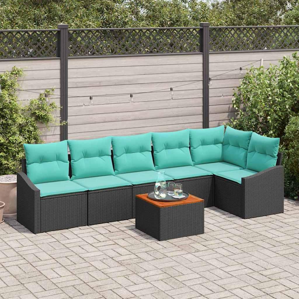 Havesofa Sæt med pude 7 stk Sort polyrattan