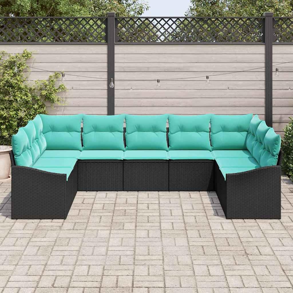 Sofa Sæt med pude 9 stk Sort polyrattan