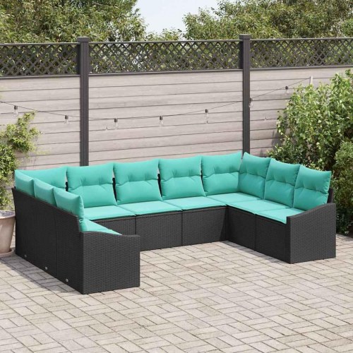 Sofa Sæt med pude 9 stk Sort polyrattan
