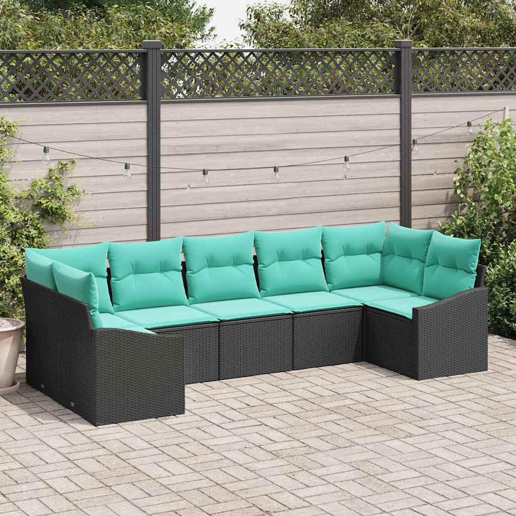 Sofa Sæt med pude 7 stk Sort polyrattan