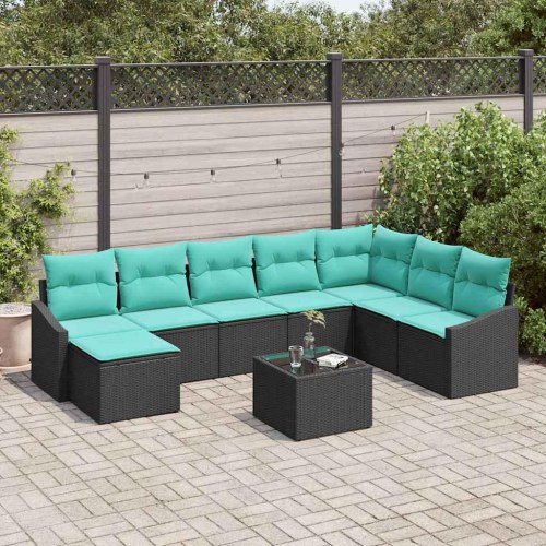 Sofa Sæt med pude 9 stk Sort polyrattan