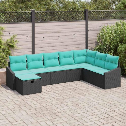 Havesofa Sæt med pude 8 stk Sort Poly rattan