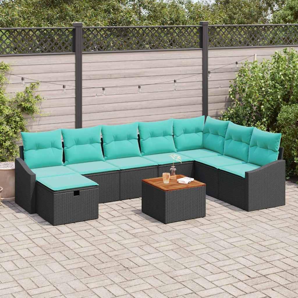 Havesofa Sæt med pude med opbevaring 9 stk Sort polyrattan