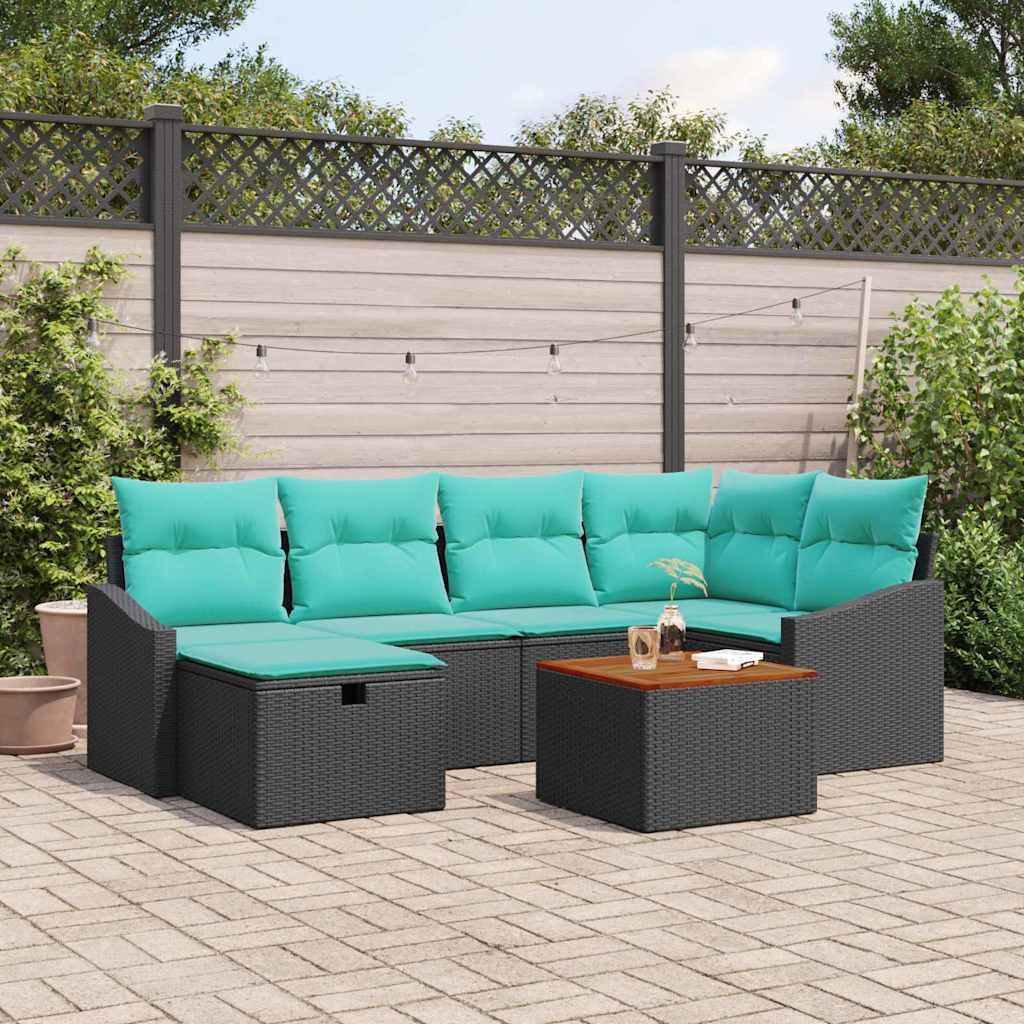 Havesofa Sæt med pude med opbevaring 7 stk Sort polyrattan