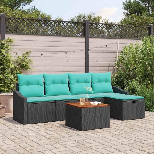 Havesofa Sæt med pude med opbevaring 6 stk Sort polyrattan