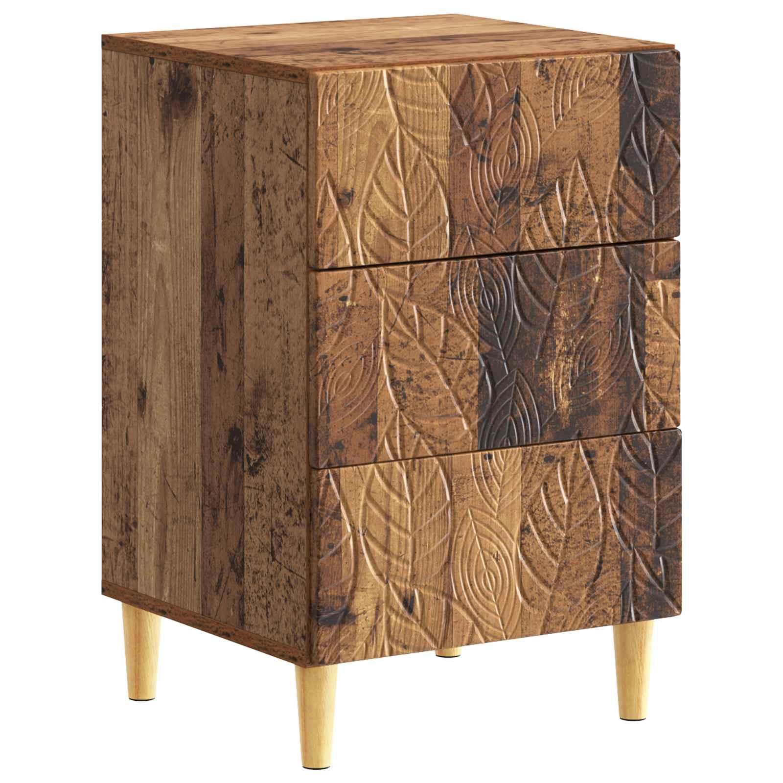 Sengebord i gammelt trælook 43 × 39,5 × 66,5 cm - konstrueret træ, 3 skuffer billede