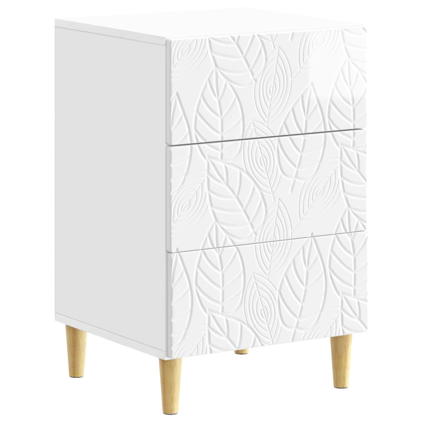 Sengebord - hvid højglans, 43 × 39,5 × 66,5 cm, konstrueret træ, 3 skuffer billede
