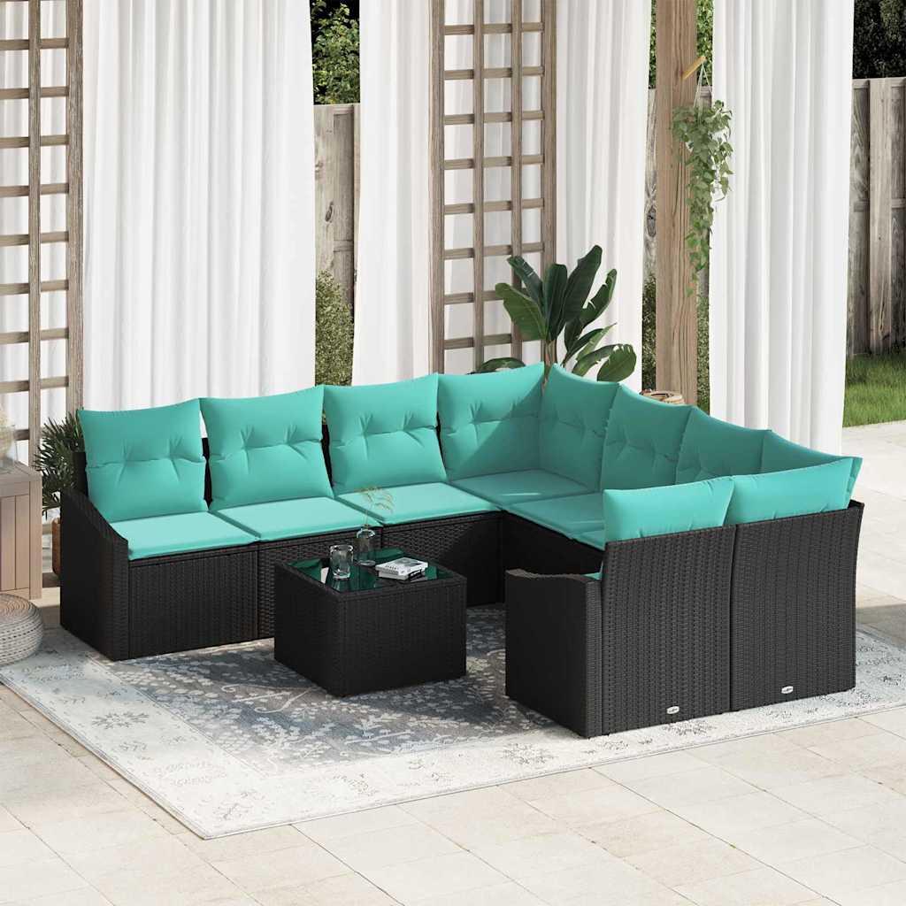 Sofa Sæt med pude med pude 9 stk Sort og Turkis polyrattan billede