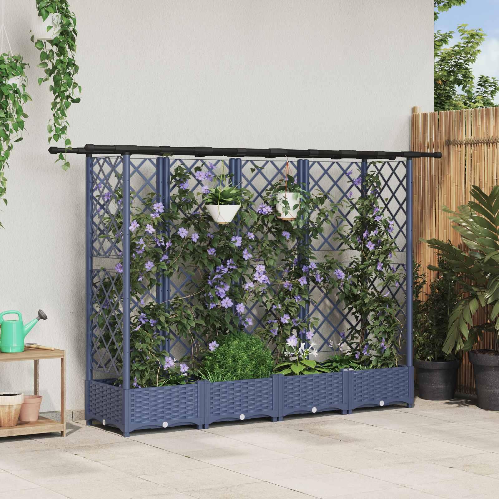 Hævet Bed med Trellis og Tag Grå 202,5 x 40 x 123 cm PP billede