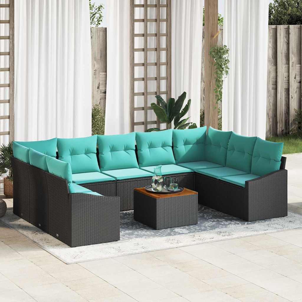 Havesofa Sæt med pude 10 stk Sort polyrattan billede