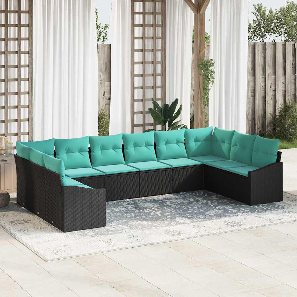 Sofa Sæt med pude 10 stk Sort polyrattan billede