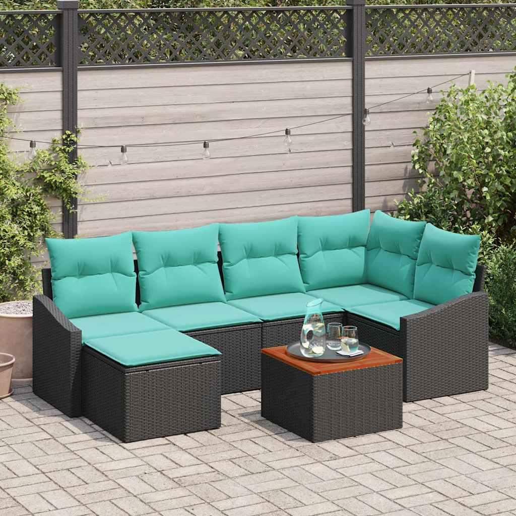 Havesofa Sæt med pude 7 stk Sort polyrattan billede