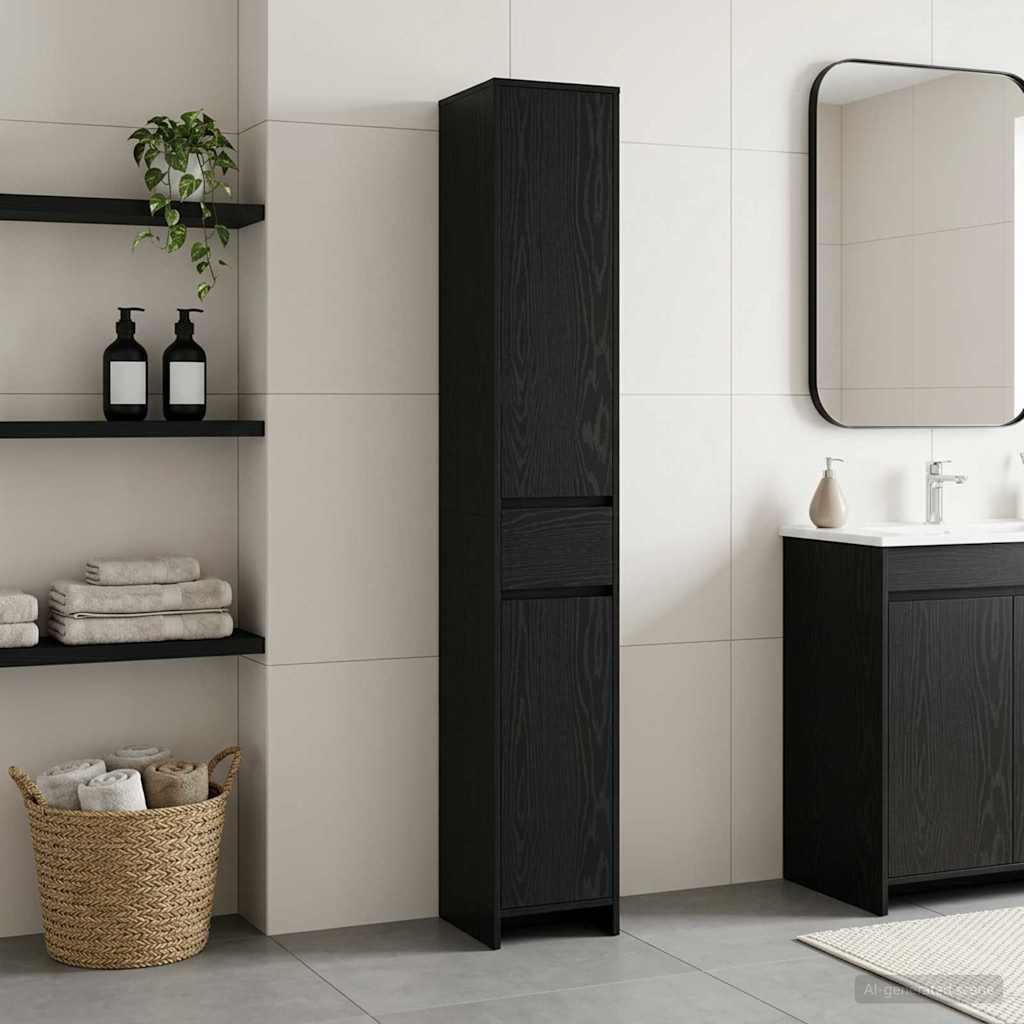 Badeværelsesskab Sort eg 30 x 33 x 190 cm Konstrueret træ billede