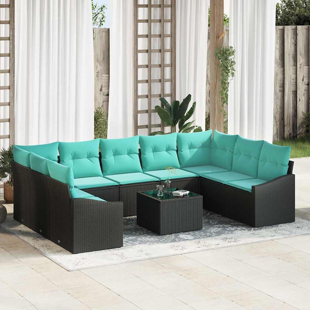 Sofa Sæt med pude 10 stk Sort polyrattan billede