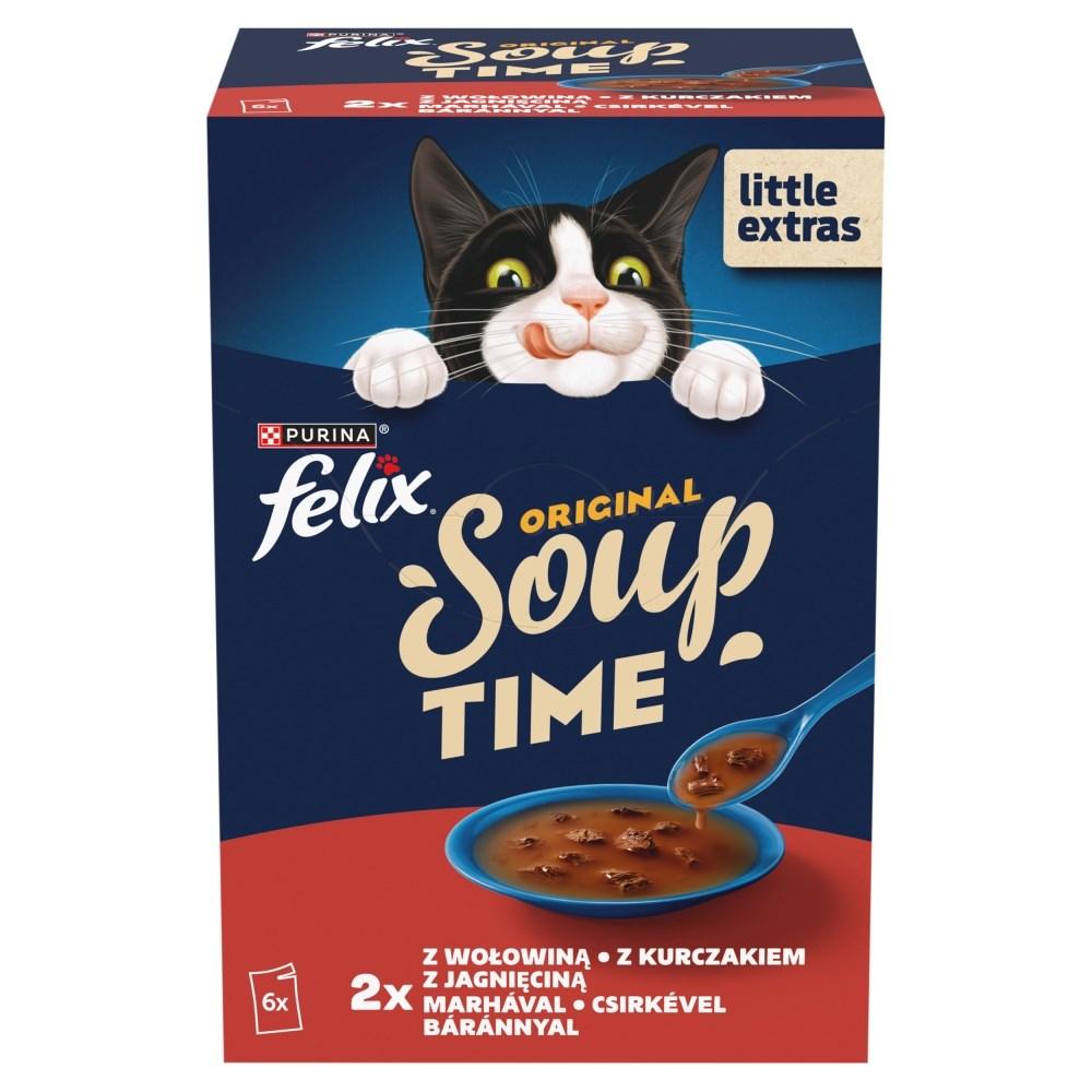 Purina Felix Original Soup Time - vådfoder til kat - okse, lam og kylling, 6×48 g