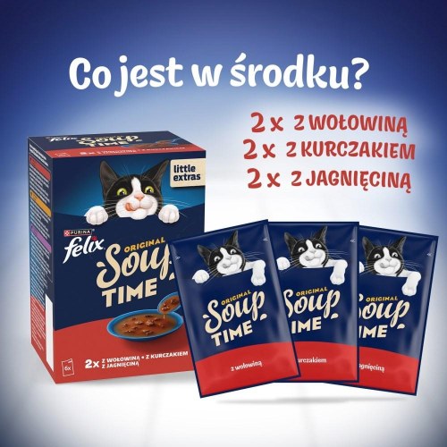 Purina Felix Original Soup Time - vådfoder til kat - okse, lam og kylling, 6×48 g