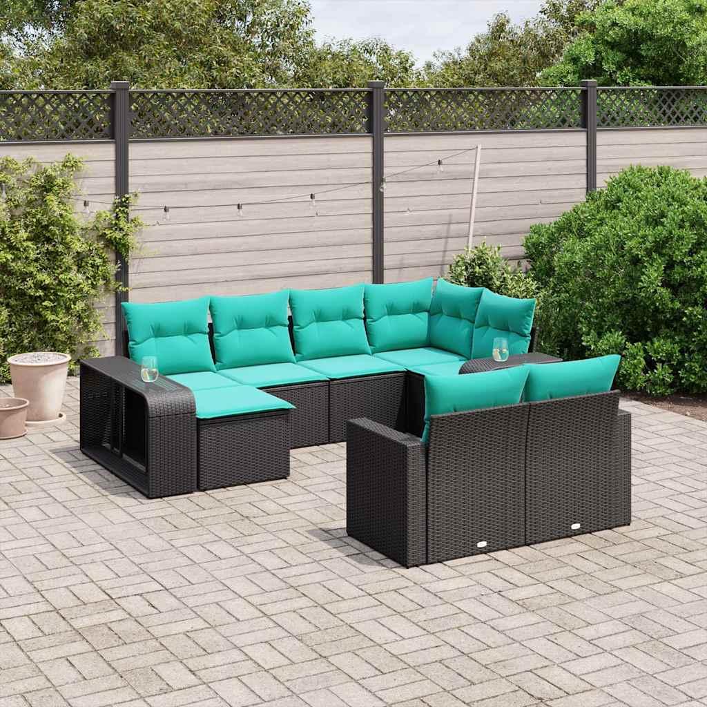 Havesofasæt med 10 hynder sort polyrattan billede