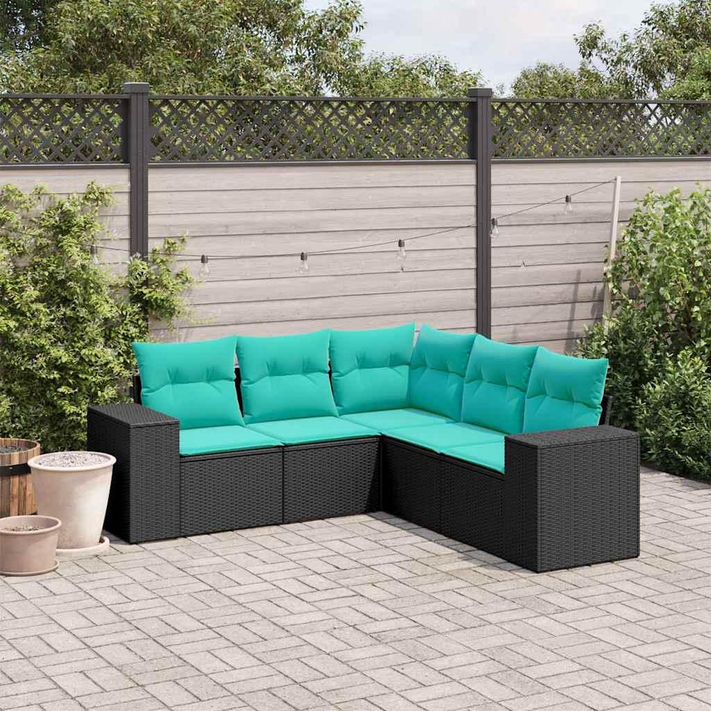 Havesofasæt med 5 dele og hynder sort polyrattan billede