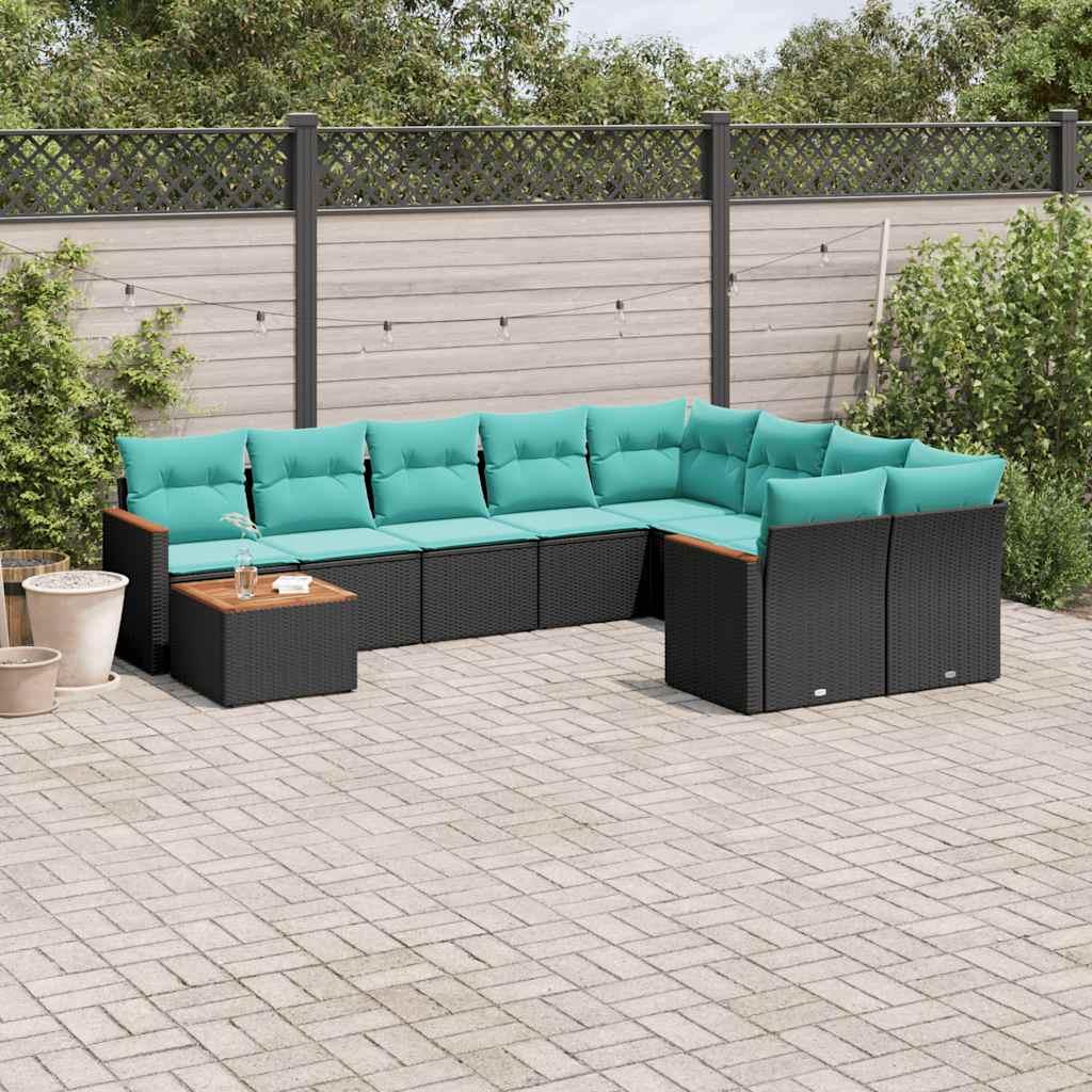 Havesofasæt med 10 hynder sort polyrattan billede